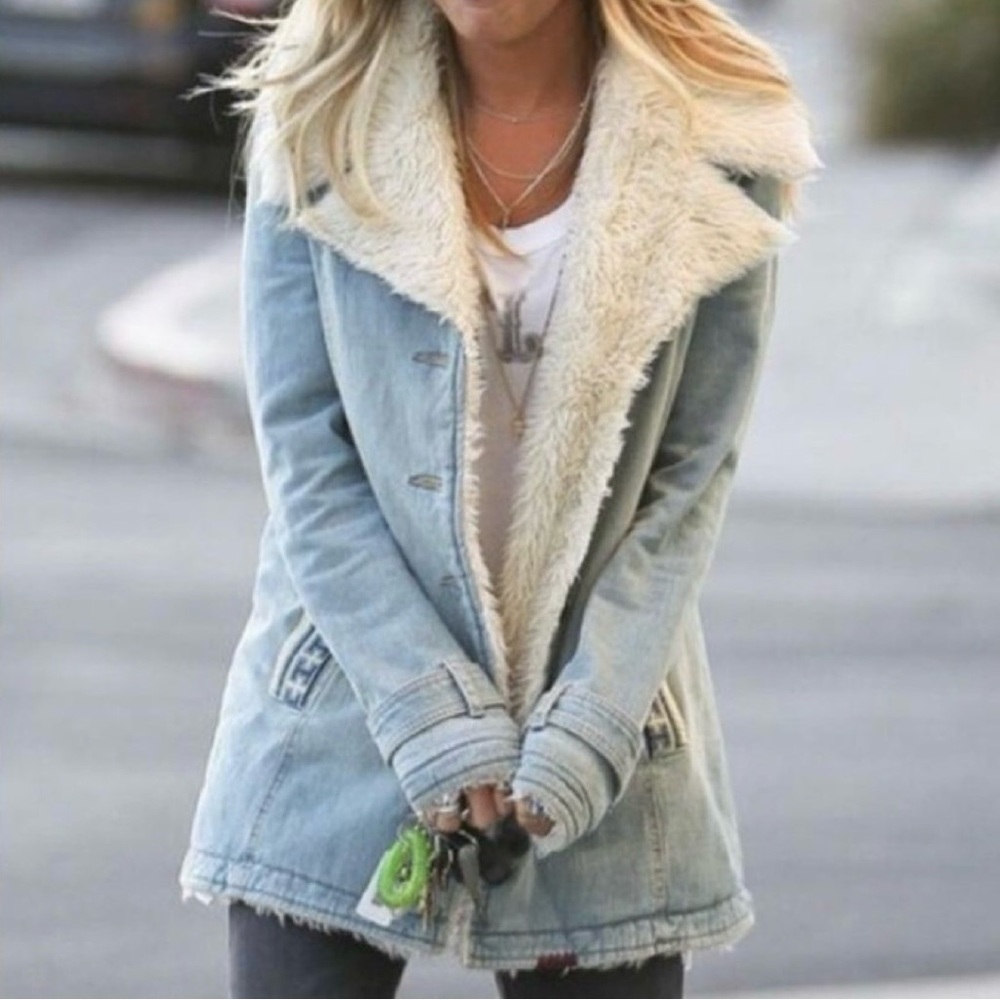 Free People Light Blue Sherpa-Lined Denim Coat with Embroidery